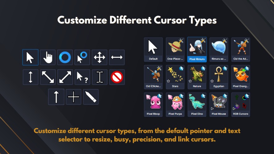 Custom Cursor interface with default, text, resize, busy, precision, and link cursor types