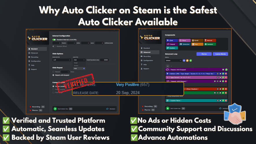 Auto Clicker on Steam showing interval settings, advanced automation, and positive user reviews