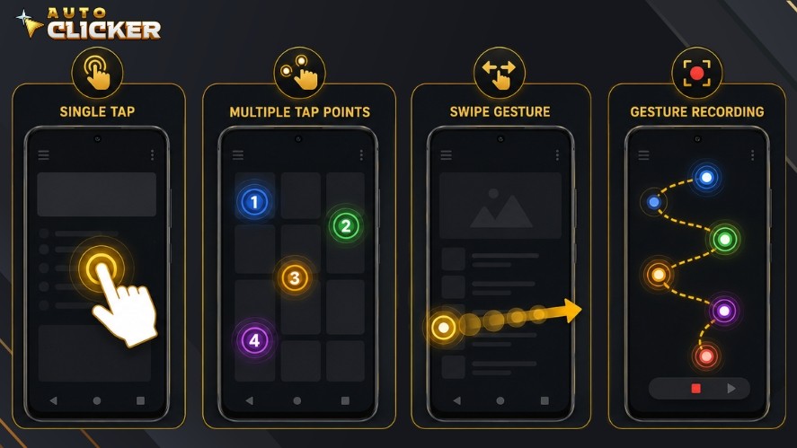Comparison of Auto Click APK automation modes, including single tap, multiple tap points, swipe gestures, and gesture recording for Android touchscreen automation.