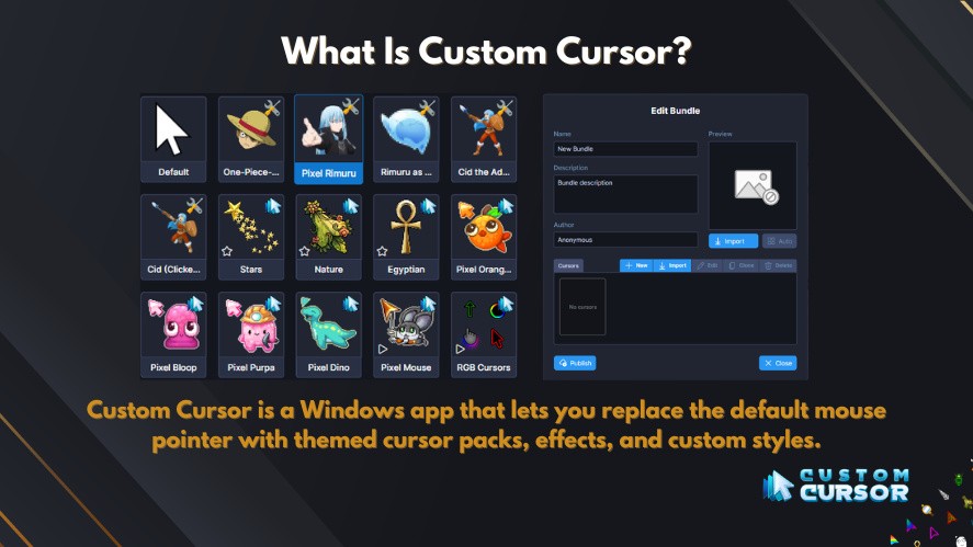 Custom Cursor app showing themed cursor packs and the bundle editor on Windows