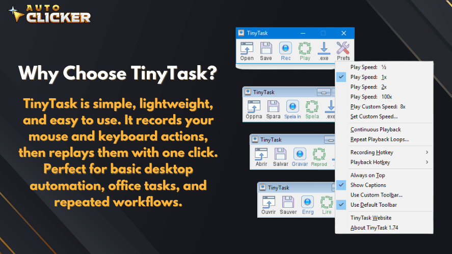 TinyTask automation tool showing why users choose TinyTask for simple desktop automation and repeated workflows