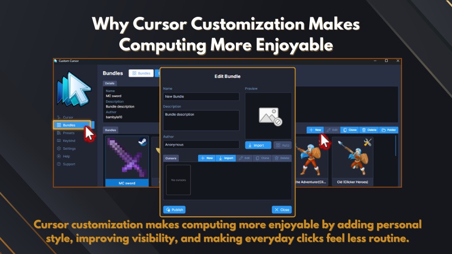 Custom Cursor bundle editor showing themed pointers for desktop personalization