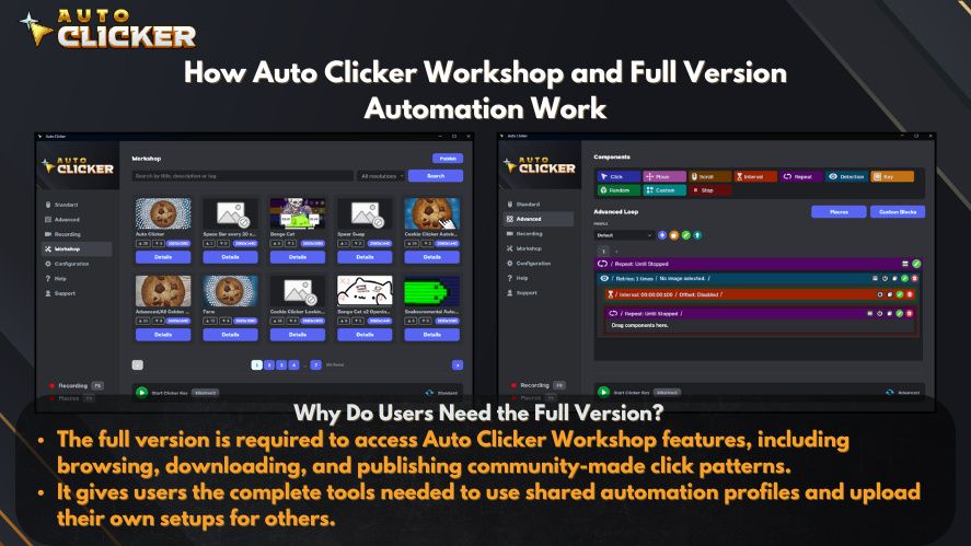 Auto Clicker Workshop and Full Version Automation interface showing shared click patterns, advanced automation controls, and why the full version is needed.