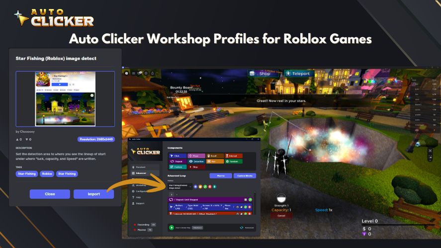 Auto Clicker Workshop profile for a Roblox fishing game, showing the profile details, advanced automation setup, and in-game fishing screen.
