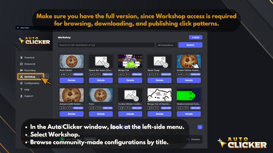 Auto Clicker Workshop screen showing the Workshop menu, community click patterns, search tools, and full-version access for browsing and publishing configurations.