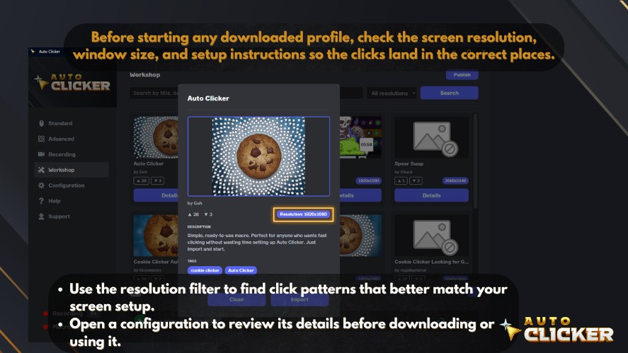 Auto Clicker Workshop profile details showing the screen resolution, setup notes, and configuration preview before importing a community-made click pattern.