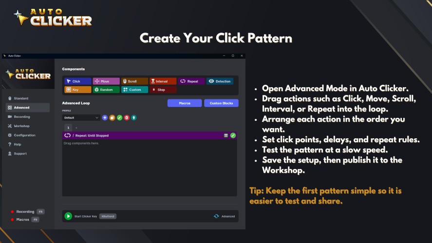 AutoClicker Advanced Mode showing how to create a click pattern by adding actions, setting delays and repeat rules, testing the setup, and publishing it to the Workshop.