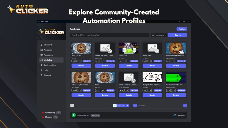 Auto Clicker Workshop interface showing a library of community-created automation profiles with search, resolution filters, tags, and profile details.