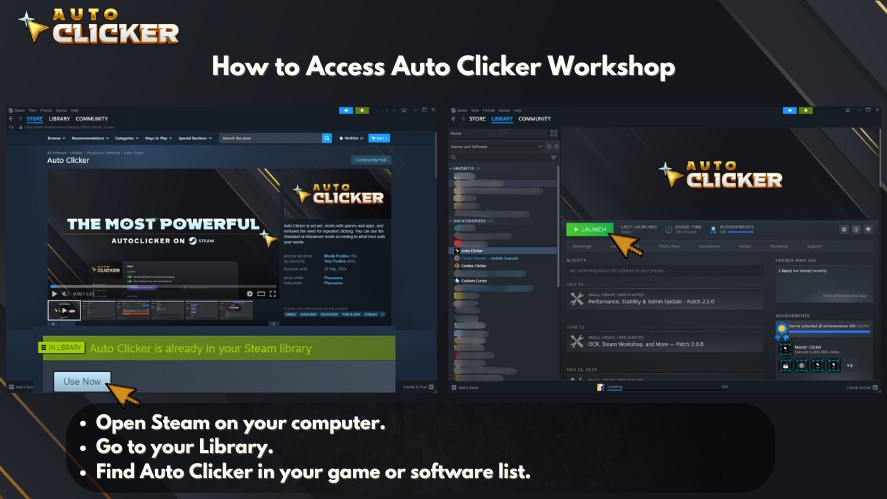 Guide showing how to access Auto Clicker Workshop through Steam by opening Steam, going to the Library, and selecting Auto Clicker.