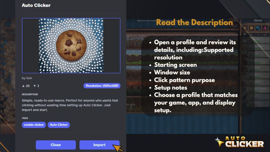 Auto Clicker Workshop profile details showing the description, supported 1920 × 1080 resolution, tags, and import button before using a click pattern.