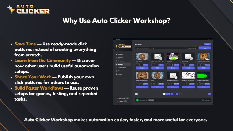 Graphic explaining the benefits of AutoClicker Workshop, including saving time, learning from the community, sharing click patterns, and building faster automation workflows.