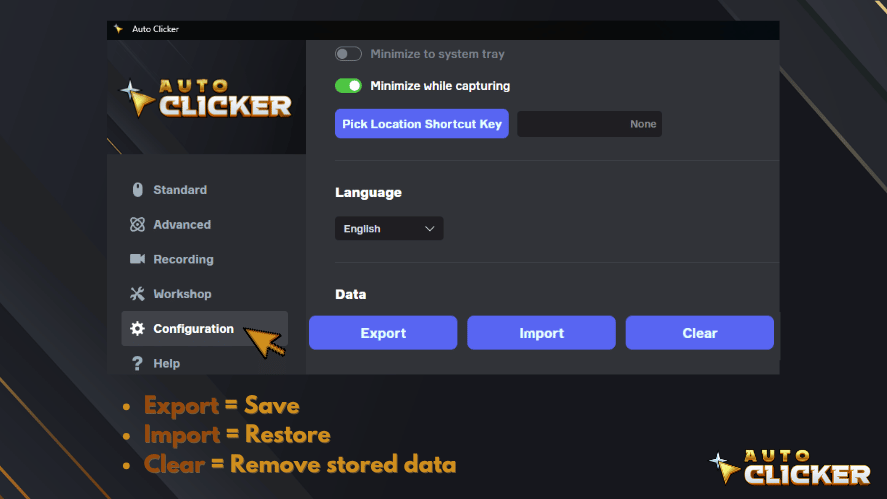 Auto Clicker Configuration screen showing the Data section with Export, Import, and Clear buttons.