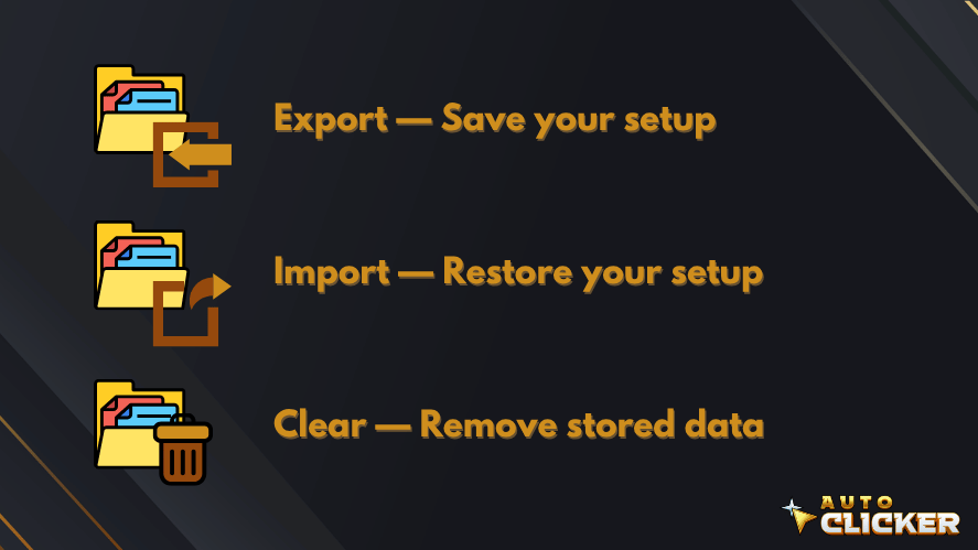Graphic explaining Auto Clicker data controls: Export saves your setup, Import restores your setup, and Clear removes stored data.