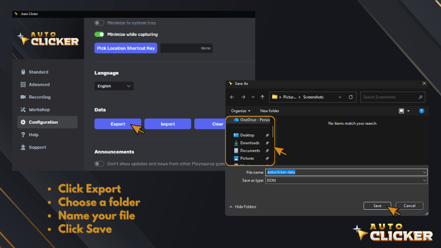 Auto Clicker export process showing how to choose a folder, name the JSON file, and save the configuration.