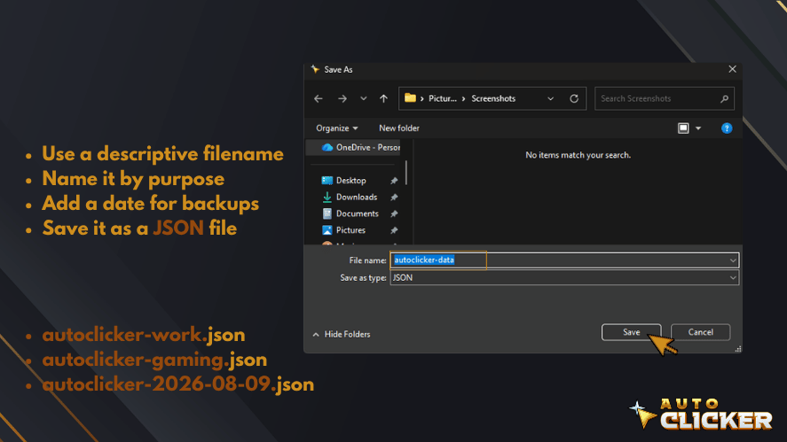 Auto Clicker JSON file naming tips with examples for work, gaming, and dated configuration backups.