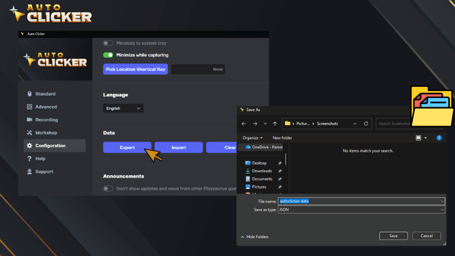 Auto Clicker Configuration screen showing Export, Import, Clear, and the Save As window for a JSON data file.