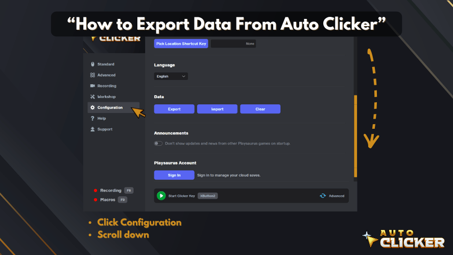 Auto Clicker Configuration screen showing where to find the Data section before exporting settings.