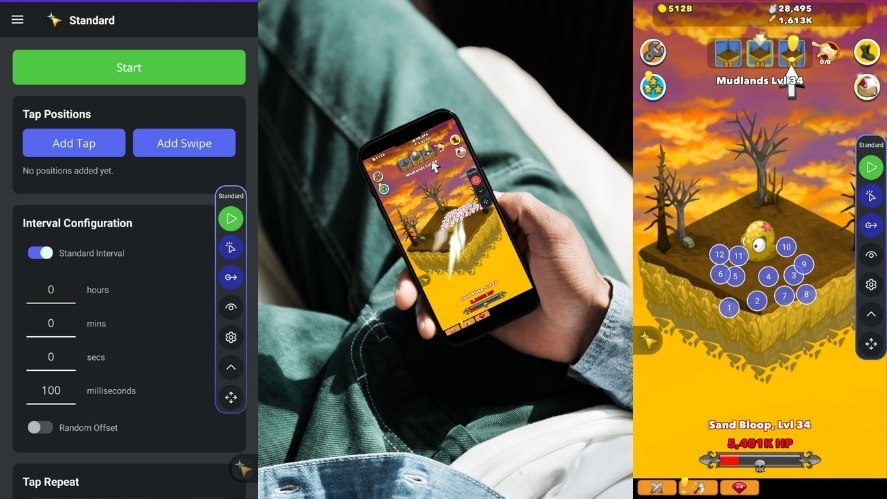 Auto Clicker Android interface showing tap and swipe controls, interval settings, and multiple tap positions used in a mobile game