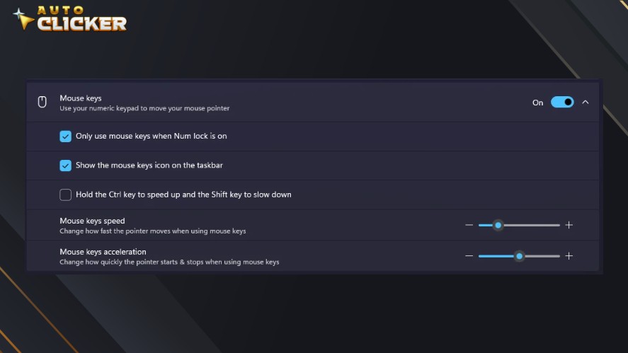 A screenshot of the Windows Mouse Keys configuration settings panel showing toggles for enabling the feature, taskbar icon options, and speed and acceleration adjustment sliders