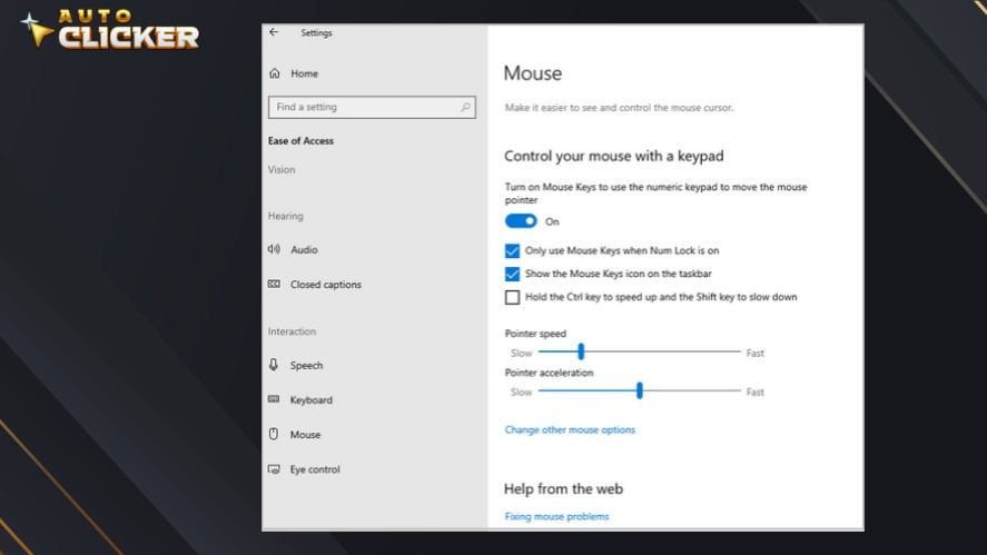 A screenshot of the Windows 10 Settings window under Ease of Access Mouse settings, showing options to turn on Mouse Keys, configure Num Lock behavior, and adjust pointer speed sliders