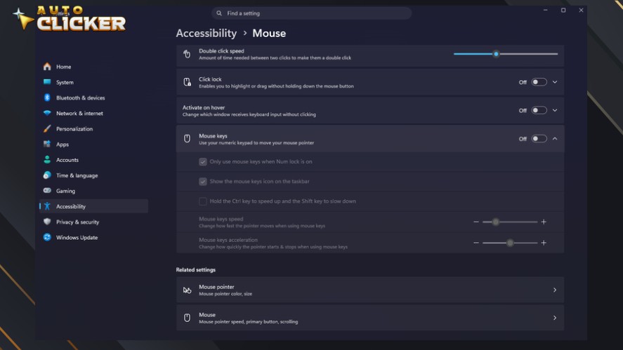A screenshot of the Windows 11 Accessibility Mouse settings menu displaying options for double-click speed, Click Lock, and the Mouse Keys toggle panel