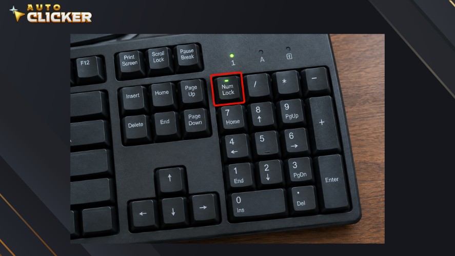 A top-down photo of a computer keyboard with a red box highlighting the Num Lock key on the numeric keypad with its indicator light illuminated