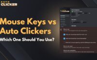 A title graphic titled "Mouse Keys vs Auto Clickers: Which One Should You Use?" featuring side-by-side software interface windows comparing an auto clicker program's interval configuration settings with Windows Mouse Keys accessibility preferences.