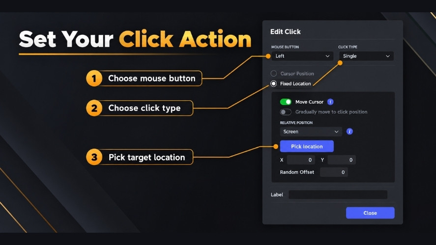 Auto Clicker Edit Click settings showing left mouse button, single click, fixed location, and the Pick Location control.