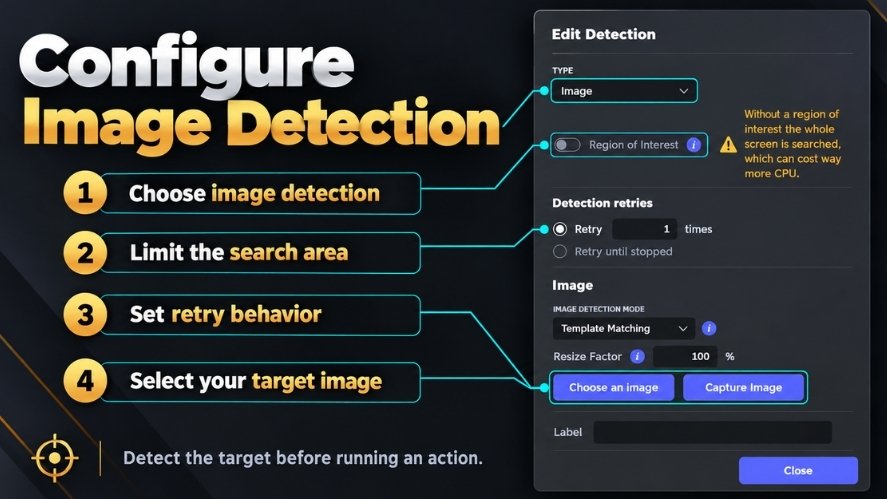 Auto Clicker image detection settings showing image selection, region of interest, detection retries, and template matching options.