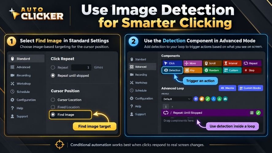 Auto Clicker image detection settings showing the Find Image option in Standard mode and the Detection component in Advanced mode for conditional automation.