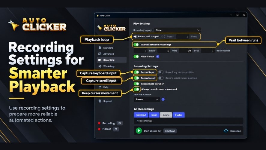Auto Clicker recording settings showing playback loops, recording intervals, keyboard and scroll capture, and cursor movement options.