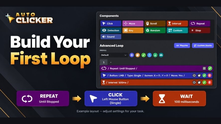 Auto Clicker Advanced Mode showing a Repeat block containing a left-click action and a 100-millisecond Interval block.