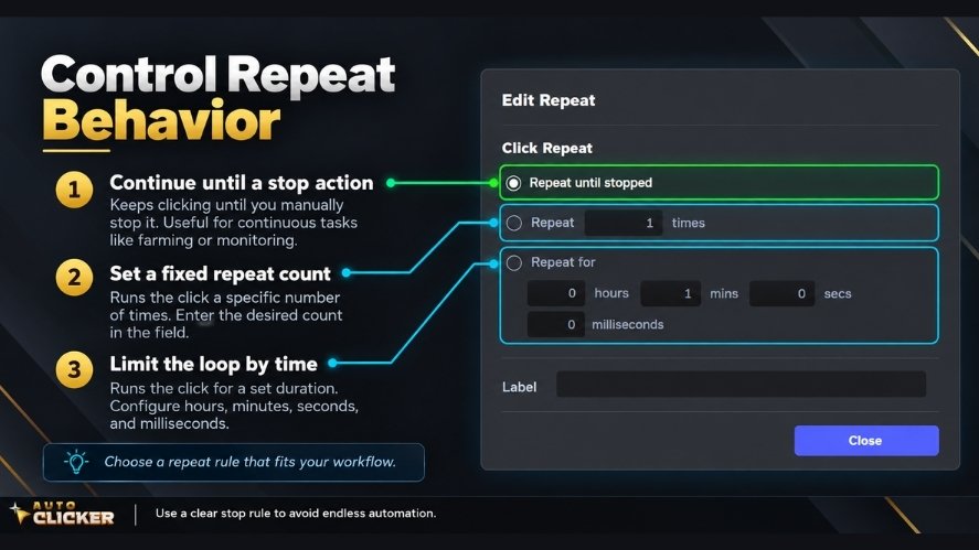 Auto Clicker repeat settings showing repeat until stopped, fixed repeat count, and timed repeat options for automation control.