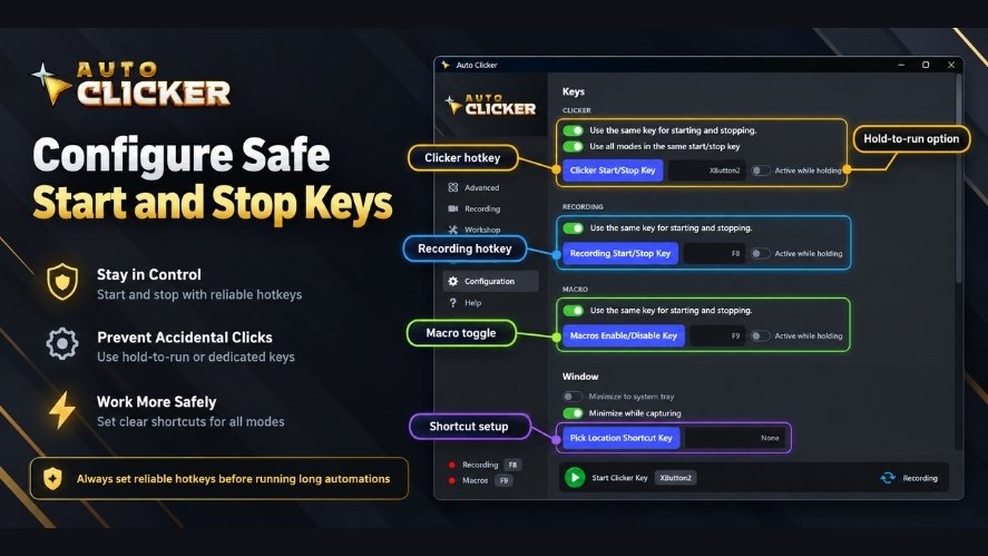 Auto Clicker Configuration settings showing start and stop hotkeys, recording hotkeys, macro toggle keys, hold-to-run options, and shortcut setup.