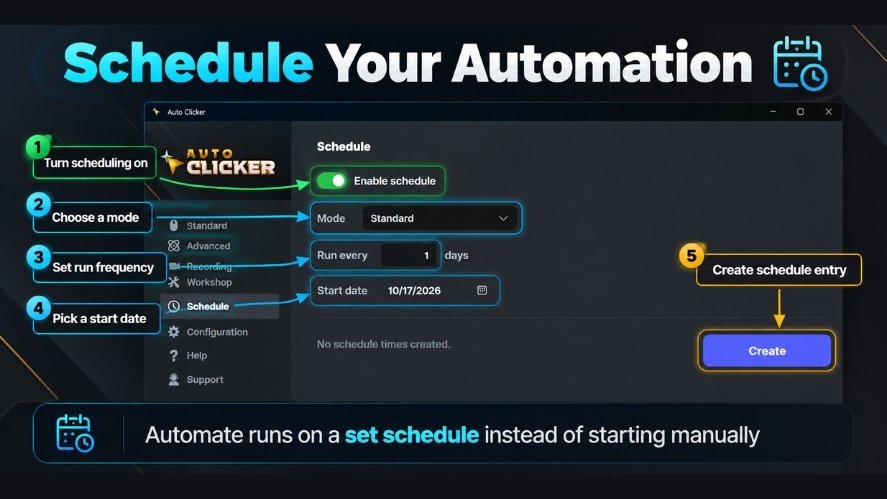 Auto Clicker Schedule settings showing how to enable scheduling, select a mode, set run frequency, choose a start date, and create a scheduled task.
