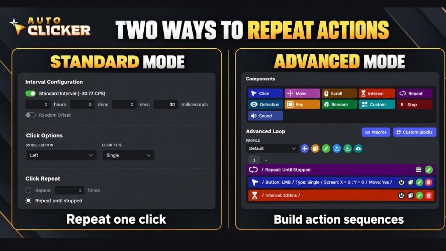 Comparison of Auto Clicker Standard Mode for repeated clicks and Advanced Mode for multi-step automation loops.