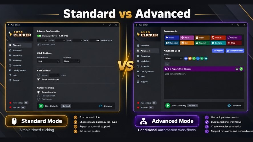 Auto Clicker Standard vs Advanced mode comparison showing timed clicking settings and advanced conditional automation components.