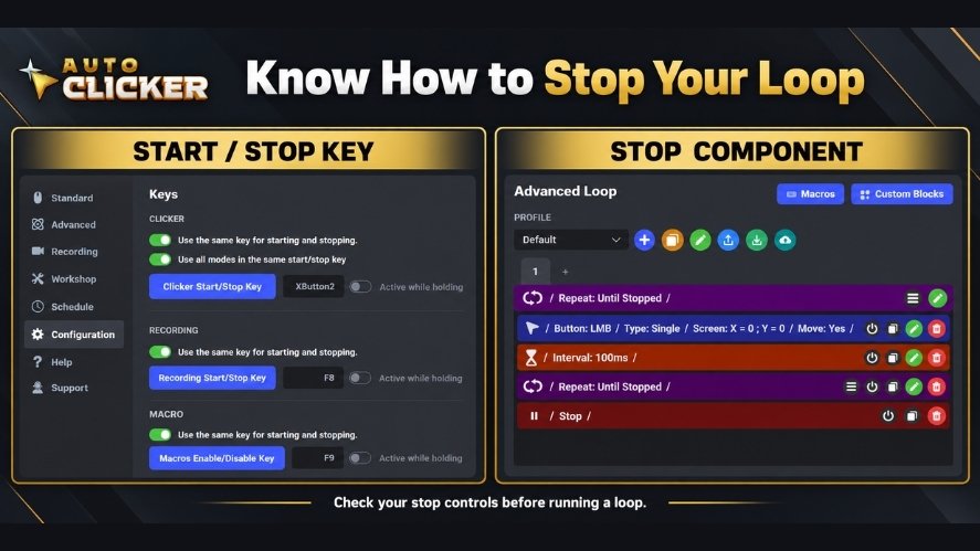 Auto Clicker Configuration screen showing XButton2 as the start and stop key, alongside the Stop component in Advanced Mode.