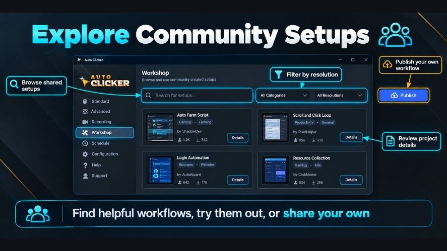 Auto Clicker Workshop showing community-shared automation setups, search filters, project details, and options to publish custom workflows.