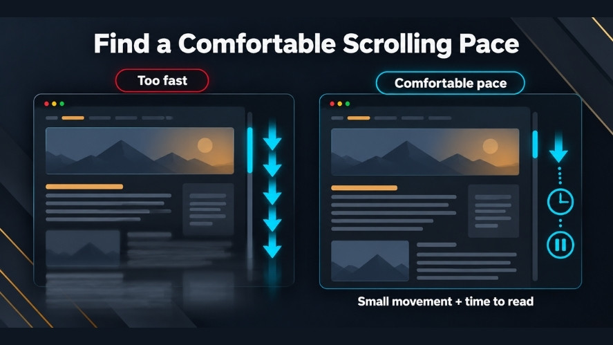 Comparison of fast scrolling and small scroll movements with pauses for reading.