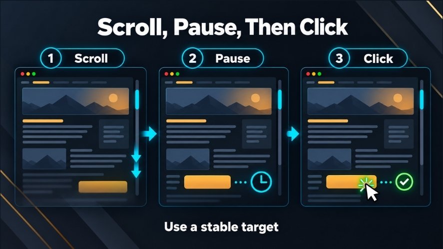 Three-step workflow showing a short scroll, a pause, and a click on a stable test button.