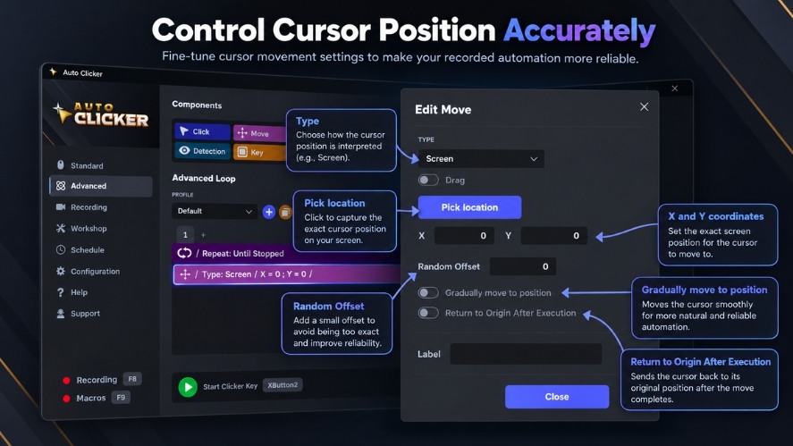 Auto Clicker Move action settings showing location controls, X and Y coordinates, and cursor movement options for reliable automation.