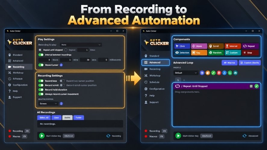 Tutorial image showing the transition from Auto Clicker Recording mode to Advanced mode for building more flexible automation workflows.