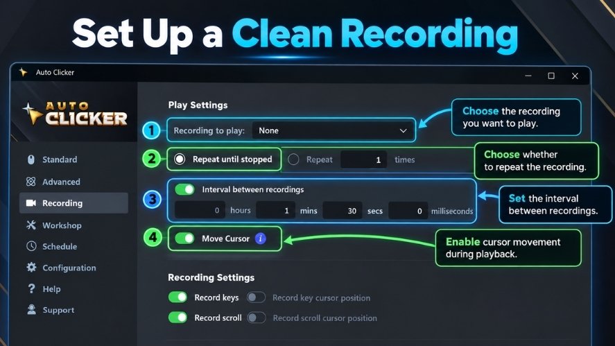 Auto Clicker Recording screen showing play settings for choosing a recording, setting repeat behavior, playback interval, and cursor movement.