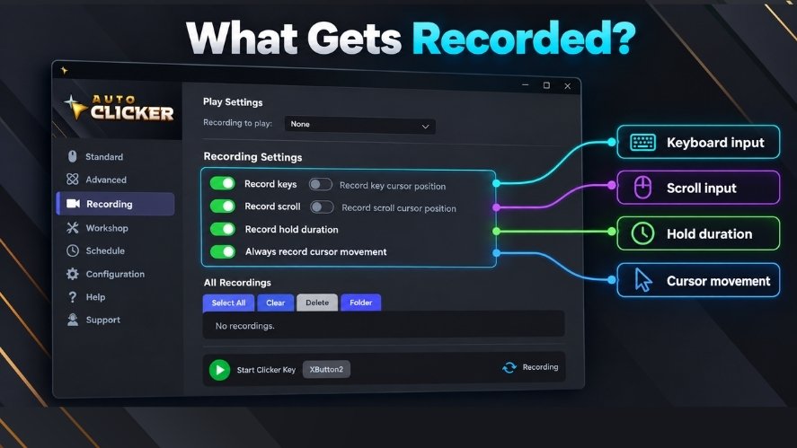Auto Clicker Recording tab showing settings for recording keyboard input, scroll actions, hold duration, and cursor movement.